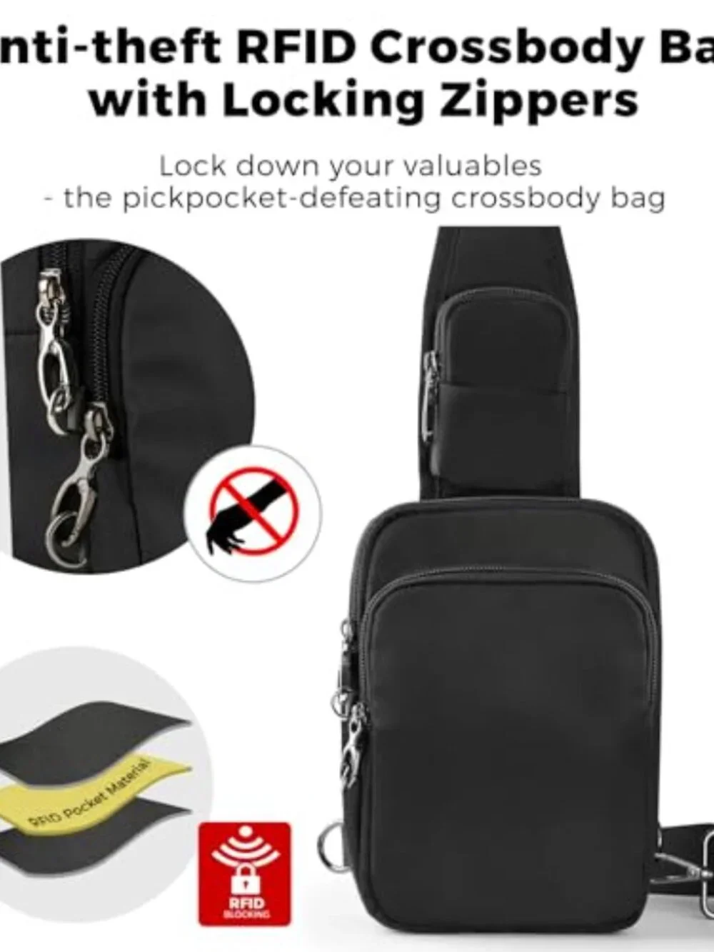 RFID Blocking Water Resistant Nylon Sling Bag with Anti-Theft Zipper Lock